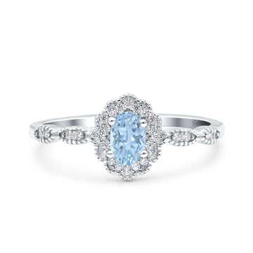 Halo Vintage Floral Art Deco Wedding Ring Oval Simulated Aquamarine CZ 925 Sterling Silver